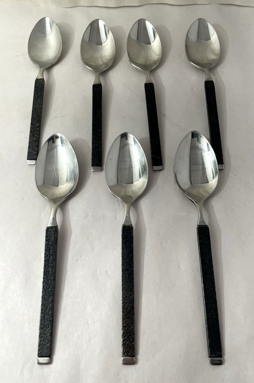 Set of 7 Gorham Casablanca Stainless Steel Teaspoons Black Handle Modern 7"